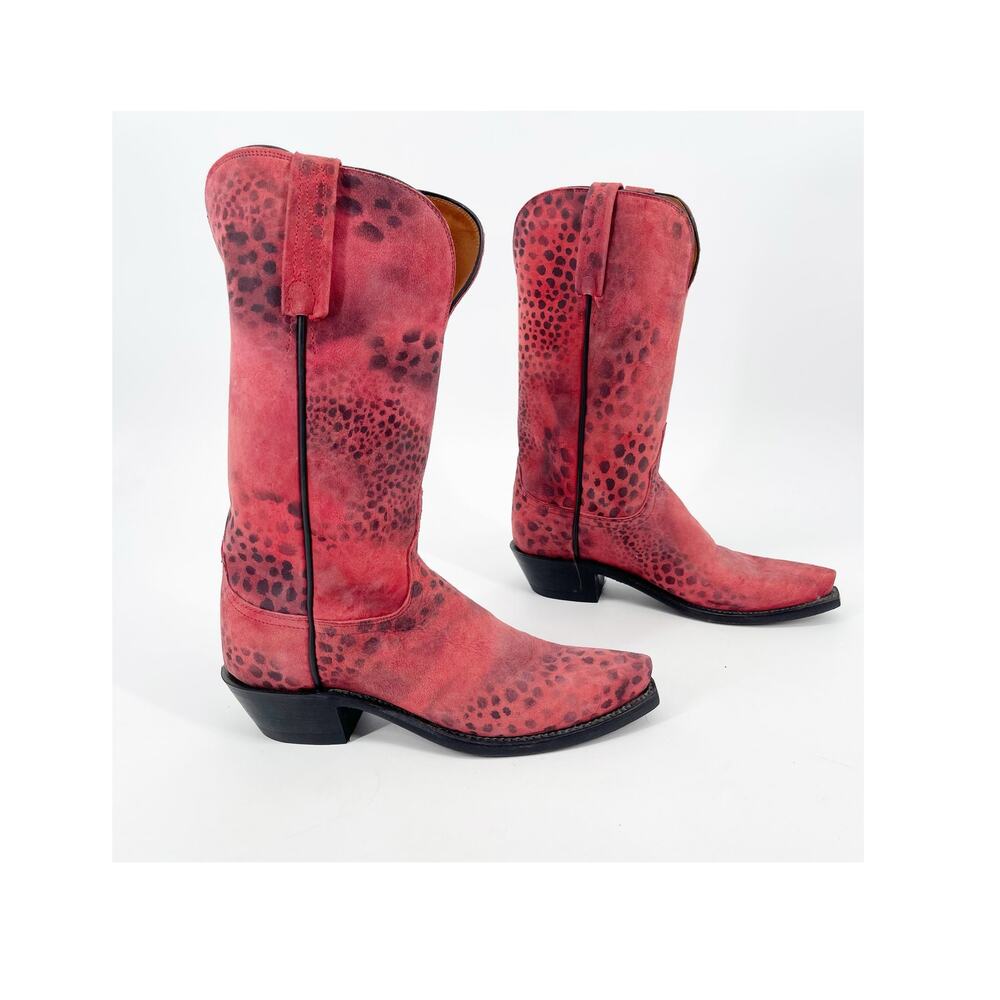 Lucchese Women’s 8 Pink Suede Cheetah Print Snip Toe Western Cowgirl Boots